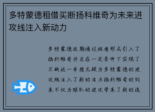 多特蒙德租借买断扬科维奇为未来进攻线注入新动力